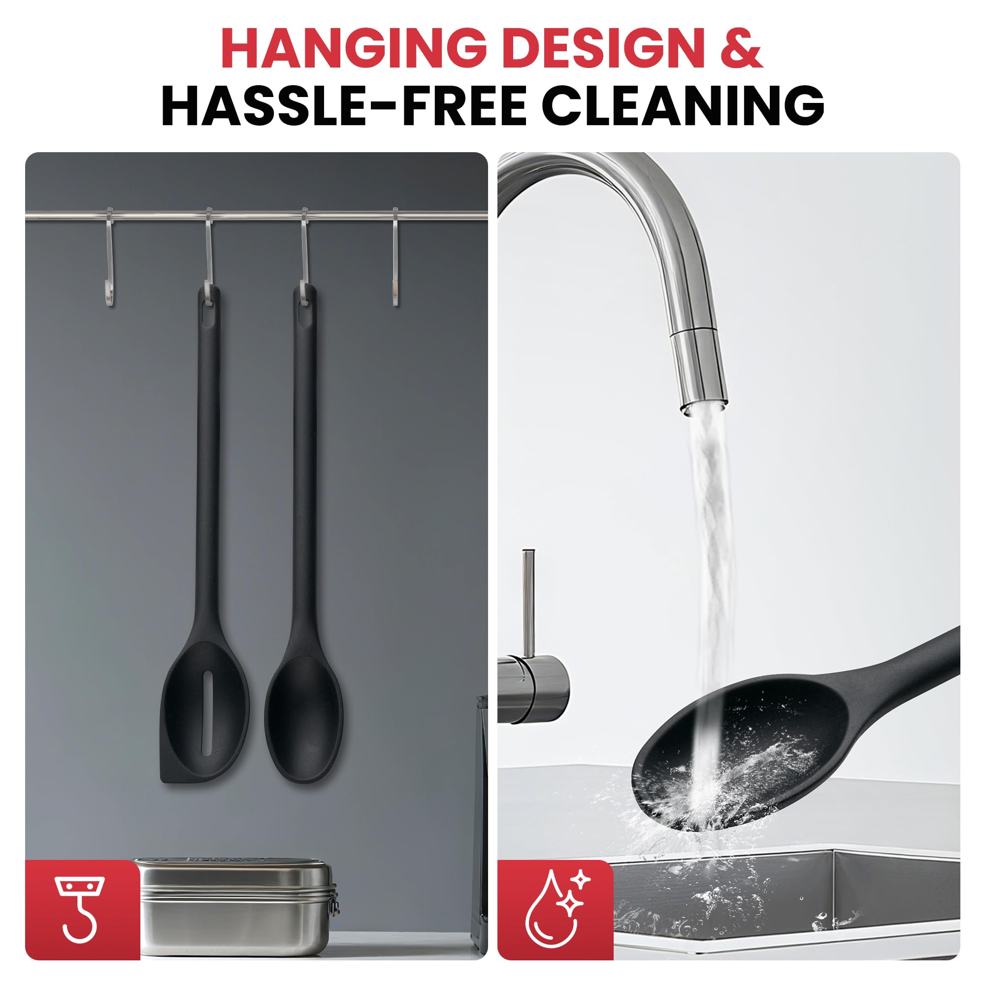 Silicone Spoons for Cooking, 600°F Heat Resistant Cooking Spoon with Solid & Slotted Spoon for Mixing, Serving, Stirring, Scraping, BPA Free Silicone Kitchen Utensil Set, Dishwasher Safe (2Pcs, Black)