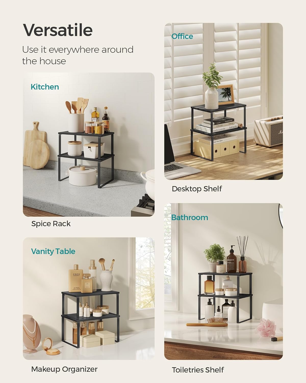 SONGMICS Kitchen Organizer Shelves - Set of 4 Stackable & Expandable Spice Racks | Ink Black & Ebony Black