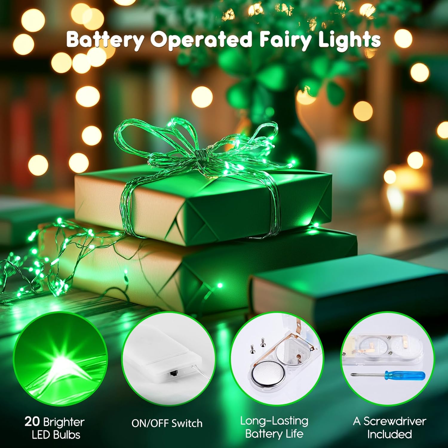 Minetom 6 Pack Fairy Lights - 7ft Battery Operated Waterproof Silver Wire LED String Lights for St. Patrick's Day Decor | Green