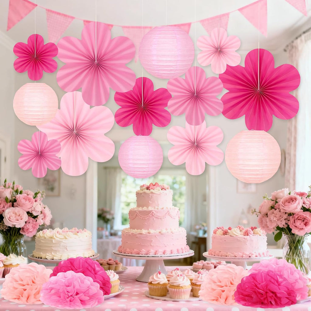 Skiennix 19 Pcs Pink Party Decorations - Light Hot Pink Hanging Lanterns & Tissue Pom Poms for Birthdays & Weddings