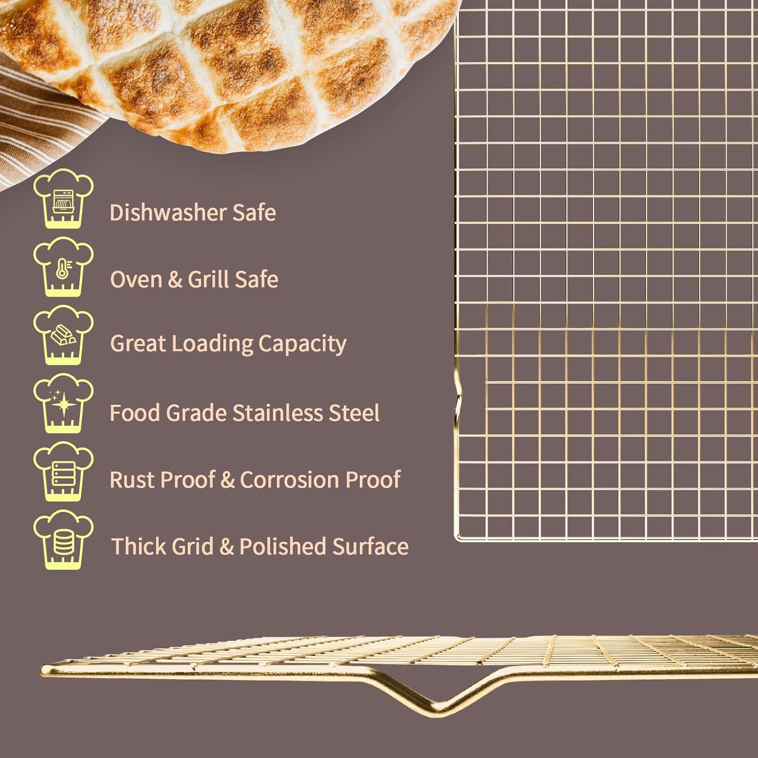 Skiennix Cooling Rack - 2-Pack 16x10 Inches Thick Wire Baking Rack for Oven Safe Cooking | Gold