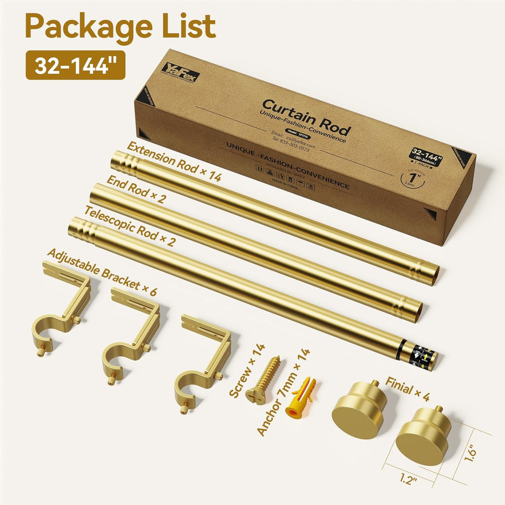 YaFex Curtain Rods - Heavy Duty 1 Inch Adjustable Window Treatment Rods | 32-144 Inch, Gold Finish