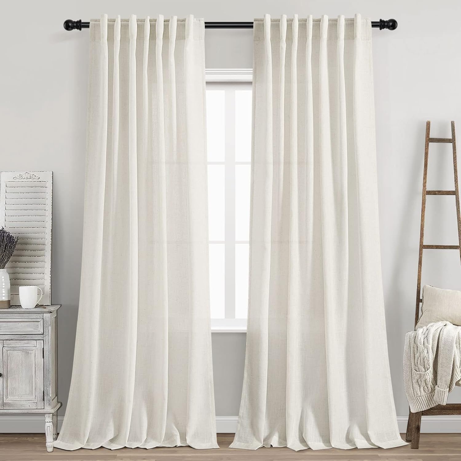 Skiennix Cream Linen Back Tab Curtains - 84 Inch Length | 2 Panel Set for Modern Farmhouse Decor