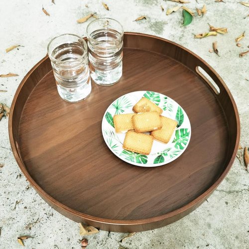 i-lan 16-inch Wooden Lazy Susan Turntable - Large Decorative Rotating Tray Made of Walnut Wood with Dual Handles & Silent Bearing for Kitchen Dining Organizer