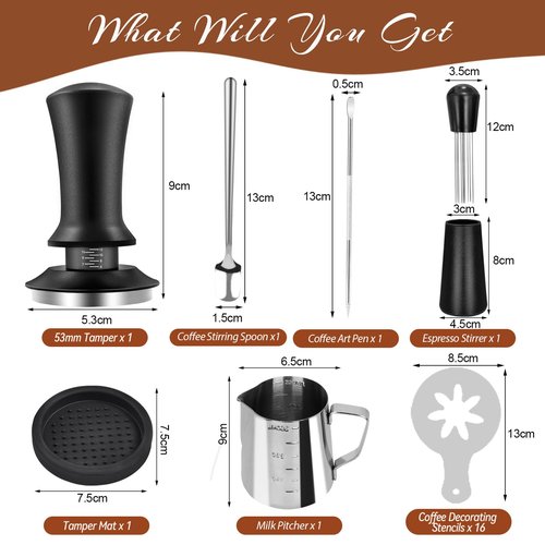 RIVKAWA 22 PCS Coffee Tamper Set, Espresso Accessories Tampers kit Barista Tools with 51mm Espresso Tamper, WDT Tool, Frothing Pitcher, Coffee Stirrer, Latte Art Pen, Tamper Mat, 16 Coffee Stencils