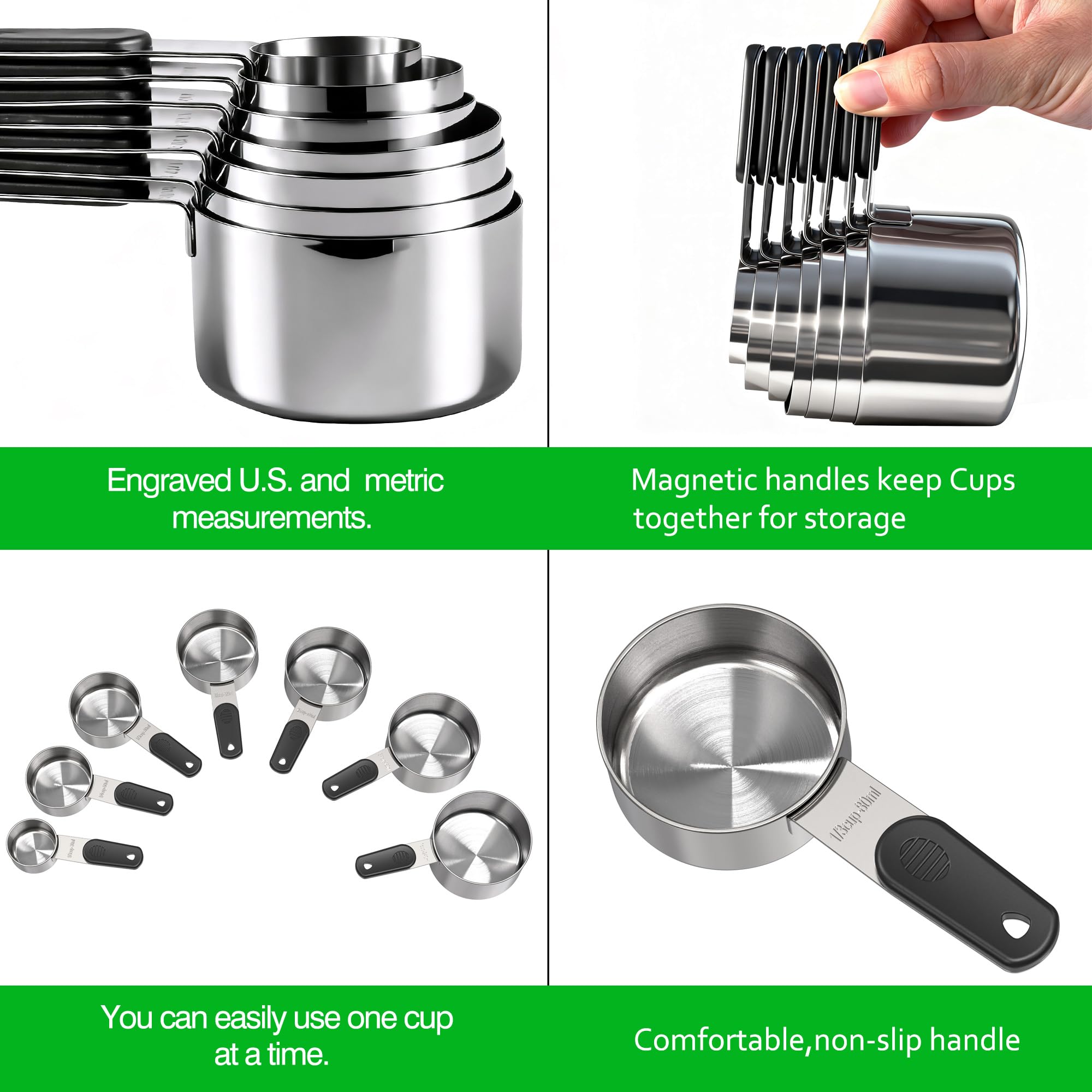 Magnetic Handles 7 Piece Stainless Steel Measuring Cups, Black, Kitchen Gadgets for Measure Liquid and Dry Ingredients, Cooking & Baking