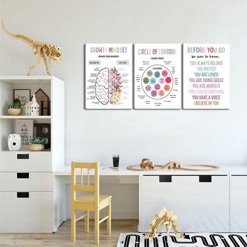 3Pcs Motivational Wall Art by Mental Health | Inspiring Canvas Prints for Therapy Office & Home - 12x16in Framed