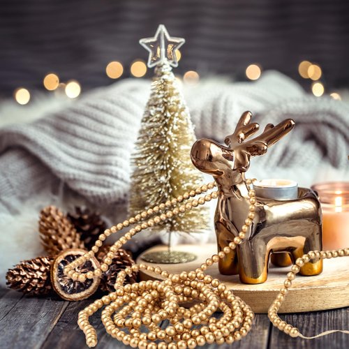 2 Pack Christmas Wood Bead Garland, Gold Round Bead Garland Christmas Tree Decoration Farmhouse Wall Hanging Ornaments, 9 Feet & 12 Feet