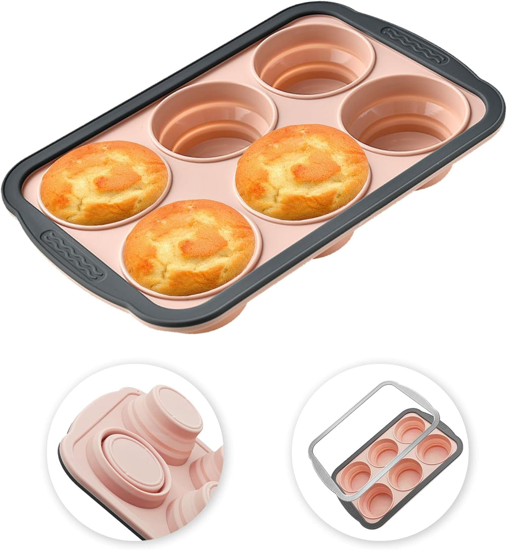 Skiennix Silicone Muffin Pans - Nonstick 6-Cup Baking Tray with Metal Frame | BPA-Free, Dishwasher Safe, Pink