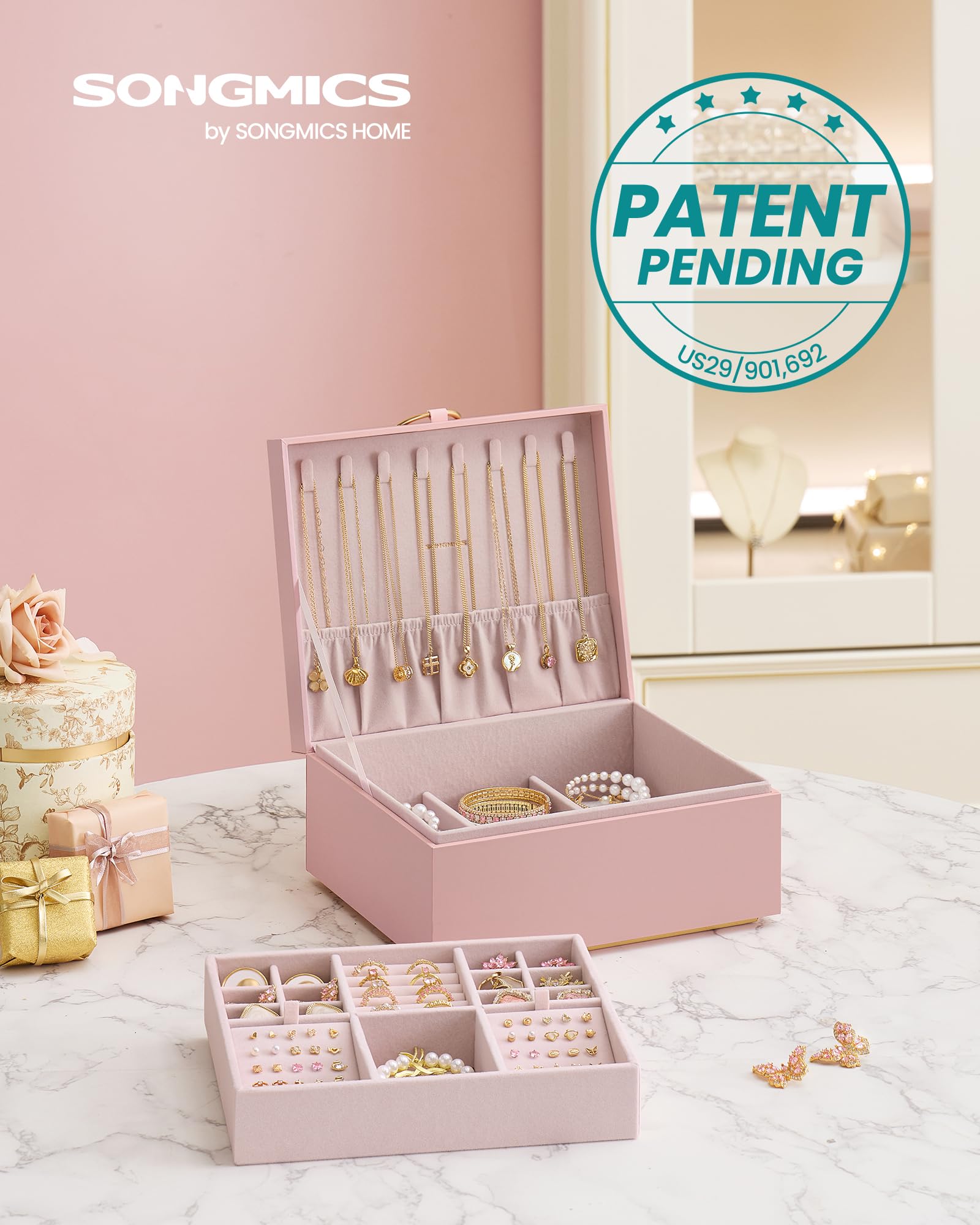 SONGMICS 2-Layer Jewelry Box, Jewelry Organizer with Handle, Removable Jewelry Tray, Jewelry Storage, Floating Effect, 8.1 x 9.4 x 4.3 Inches, Gift Idea, Jelly Pink UJBC165R01