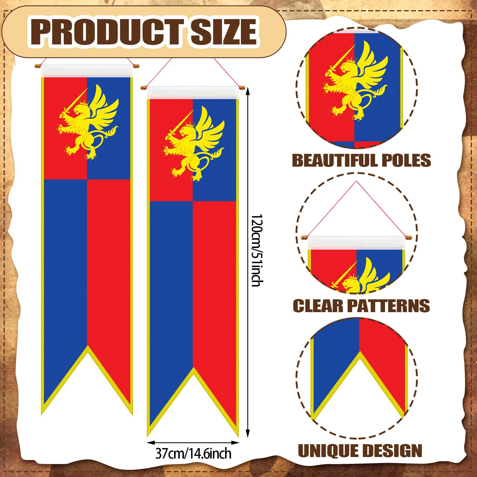 Oudain 4 ft Medieval Fantasy Pull-down Banner with Lion Design Hanging Party Bunting Banner Medieval Party Decorations Garden Cutouts Flag for Castle Theme Festival Birthday Decor(4 Pcs)