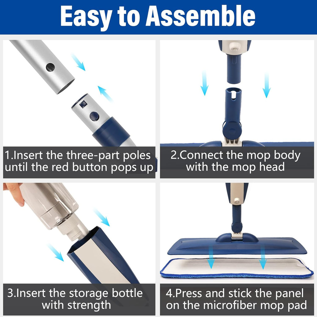 Skiennix Wet Spray Mop - 14 oz Refillable Bottle & 3 Washable Microfiber Pads | Ideal for Hardwood & Tile Floors