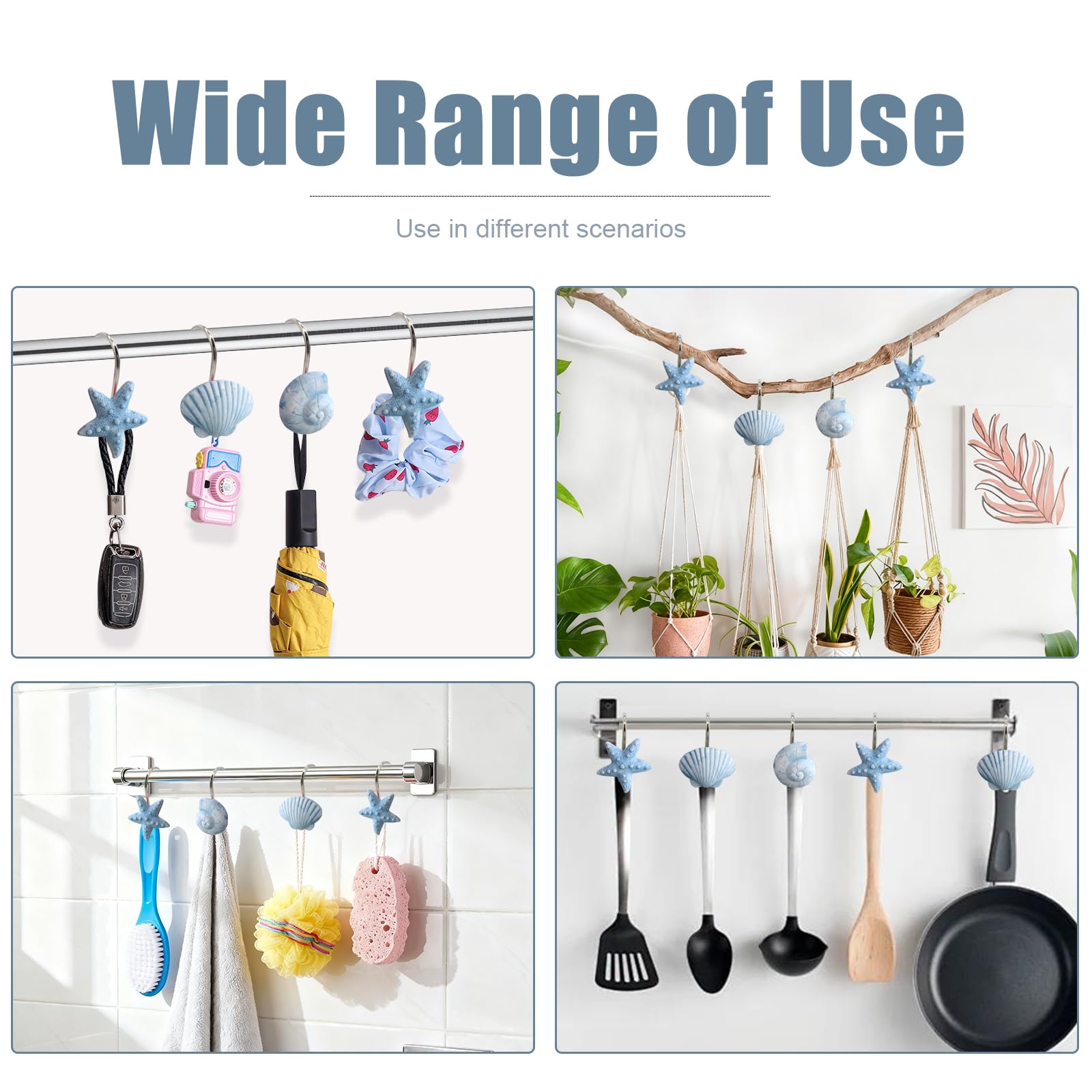Seashell Decorative Shower Curtain Hooks, Fashion Shower Curtain Rings, Ocean Shower Curtain Hangers, 12PCS Shower Hooks for Shower Curtain, Bathroom, Bedroom, Living Room, Home Decor