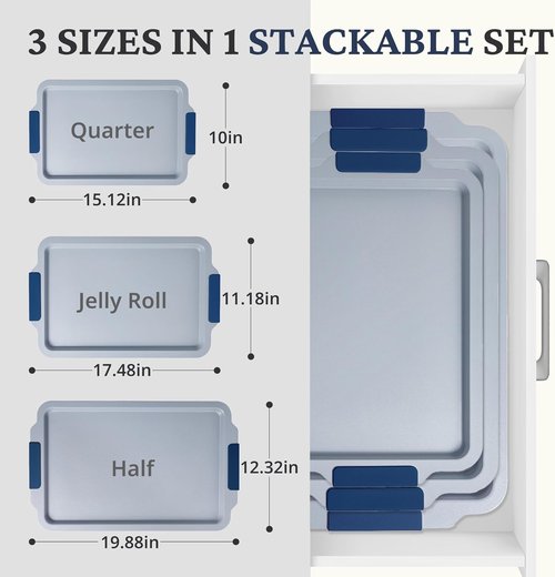 BRONYPRO Non-Stick Ceramic Baking Sheet Set - Natural, PFOA & PTFE Free, Heavy Duty, Navy | Set of 3