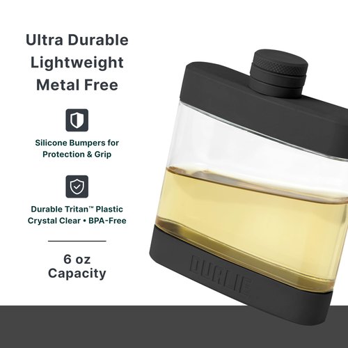 DUALIE 6 oz Hip Flask for Liquor - Undetectable Shatterproof Alcohol Flasks with Clear Tritan Plastic and Silicone Grip - Flask Gift for Men & Women - Black