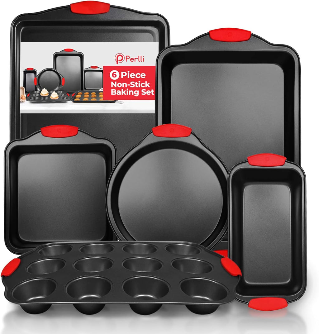 PERLLI Non-Stick Baking Pan Set - 6-Piece BPA-Free Carbon Steel Bakeware with Silicone Handles | Oven Safe Up to 446°F