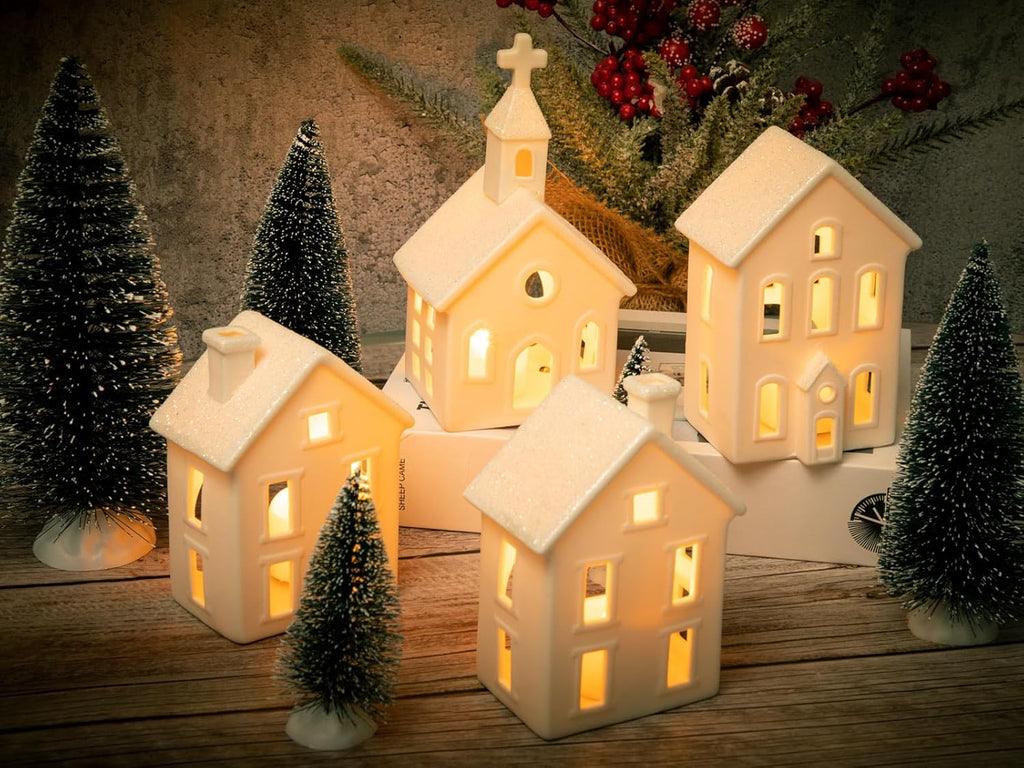 Skiennix 9-Pc Christmas Village Figurines Set - Lighted Ceramic Houses & Trees | Rustic Holiday Decor