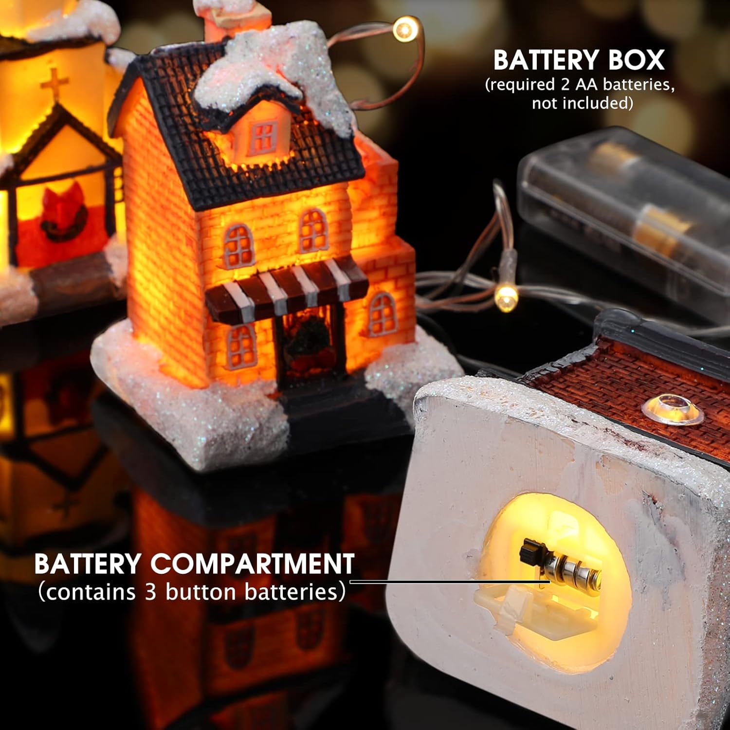 Queekay Christmas Village Set - 17 Pcs Lighted Resin Houses & Figurines | Winter Decorations for Indoor Use