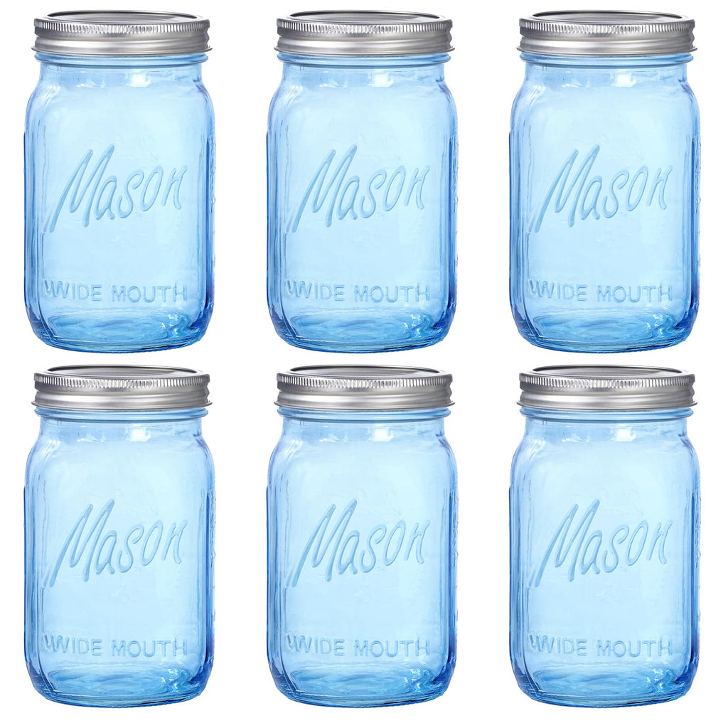 WELLIFE Wide Mouth Mason Jars,6 Pack Blue Mason Jars 32 OZ,Mason Jar for Decor Canning & DIY Crafts,Food Storage,Fermenting,Pickling,Meal Prep