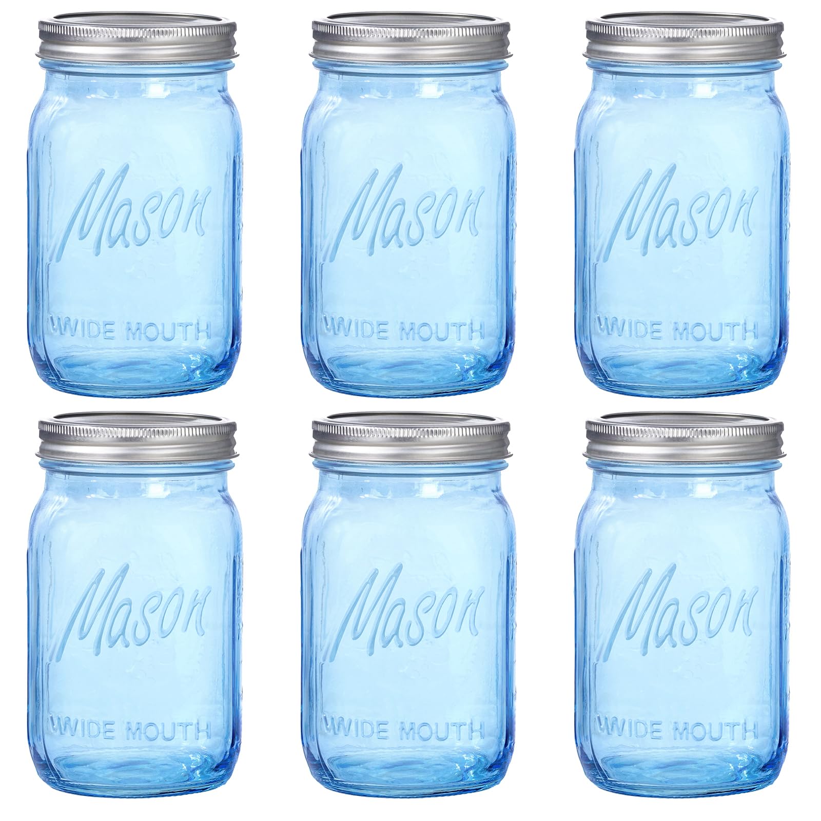 WELLIFE Wide Mouth Mason Jars,6 Pack Blue Mason Jars 32 OZ,Mason Jar for Decor Canning & DIY Crafts,Food Storage,Fermenting,Pickling,Meal Prep