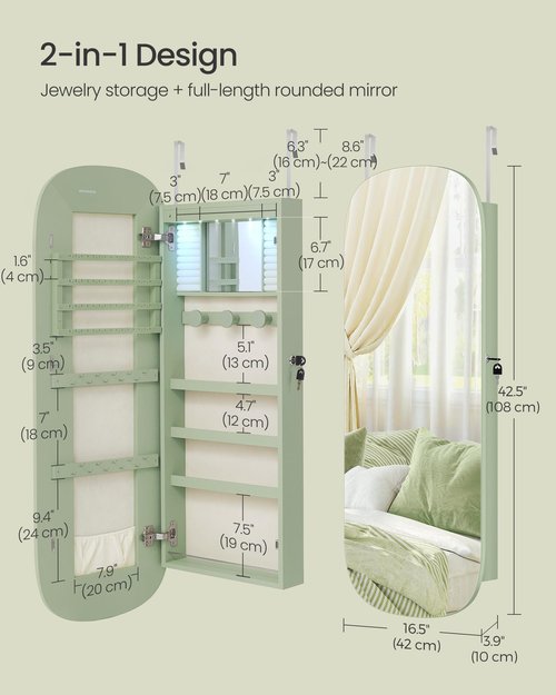 SONGMICS Jewelry Organizer, LED Jewelry Cabinet Wall/Door Mounted, Lockable Rounded Wide Mirror with Storage, Interior Mirror, 3.9 x 16.5 x 42.5 Inches, Laurel Green Surface with Cream White Lining