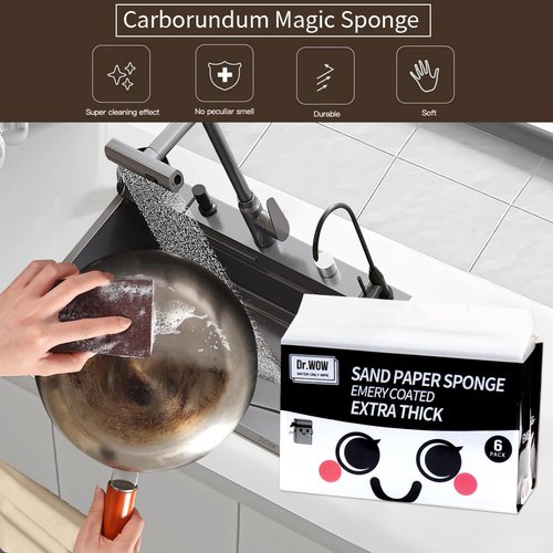 Dr.WOW Carborundum Heavy Duty Scouring Sponges - Fiberglass-Free Nano Rust Eraser for Pots, Pans, Grill, Oven Racks & Sink Stains (1'' 6Ct (Pack of 1))