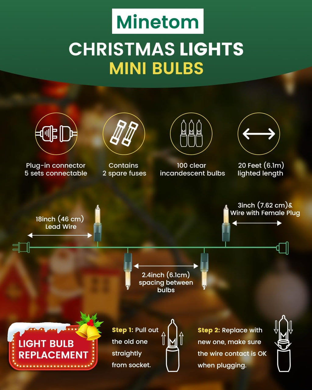 Minetom Clear Christmas String Lights - 100 Count | 20 Feet Indoor Mini Lights for Holiday Decor