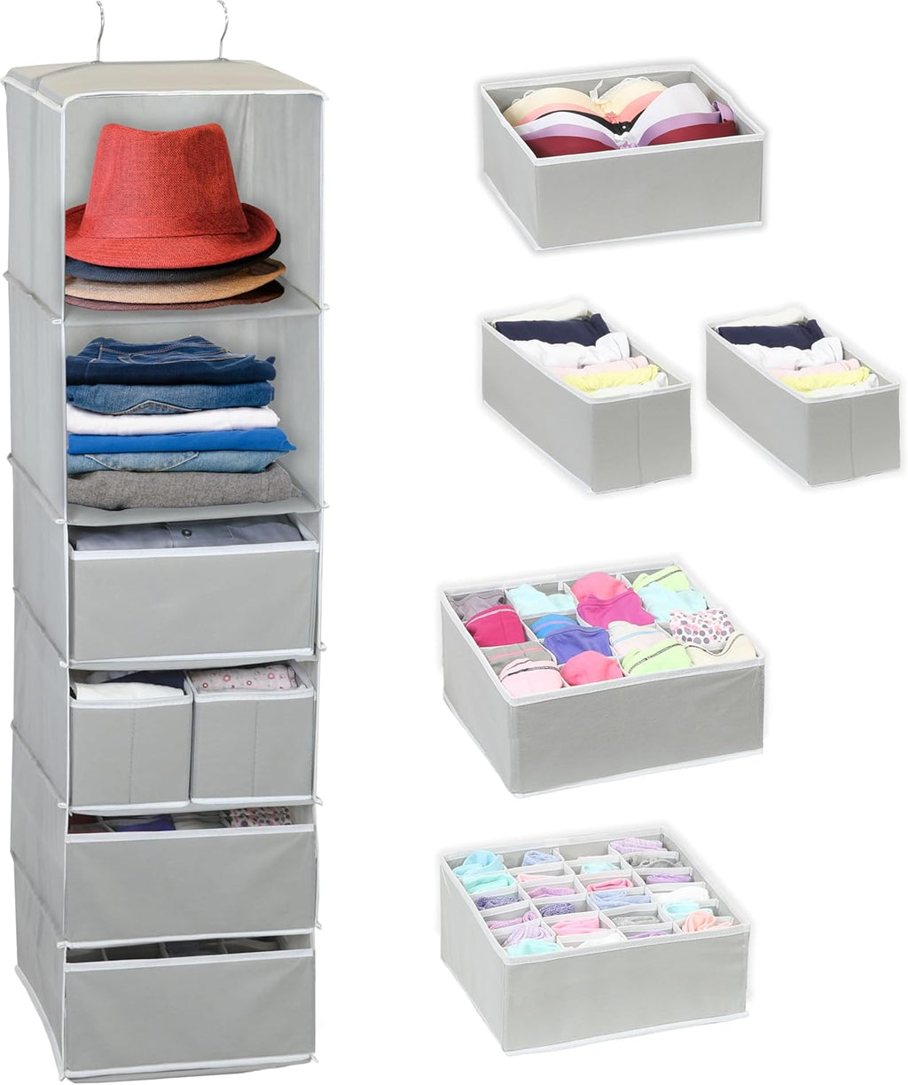 Simple Houseware 6-Shelf Hanging Closet Organizer - Gray with 5 Storage Drawers