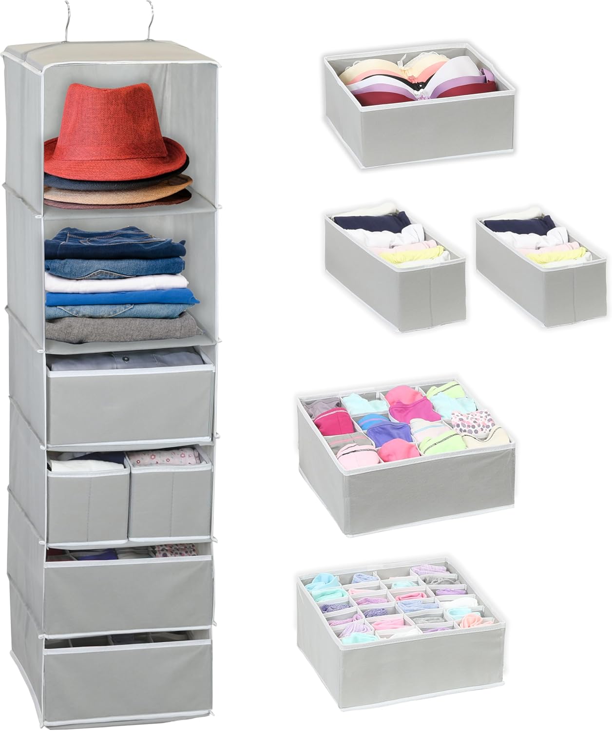 Simple Houseware 6-Shelf Hanging Closet Organizer - Gray with 5 Storage Drawers