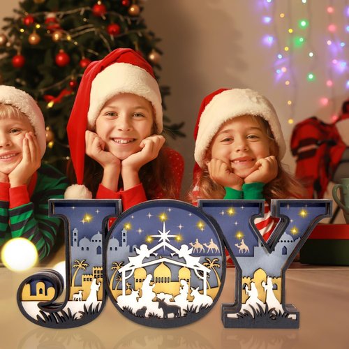 Christmas Nativity Set - 3D Religious Scene with LED Joy Letter Lights | Indoor Tabletop Decorations