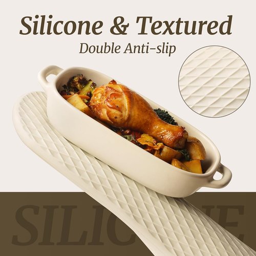 CAROTE Extra Long Oven Mitts - Heat Resistant Silicone Gloves for Baking & Grilling | 2-Piece Set, Beige