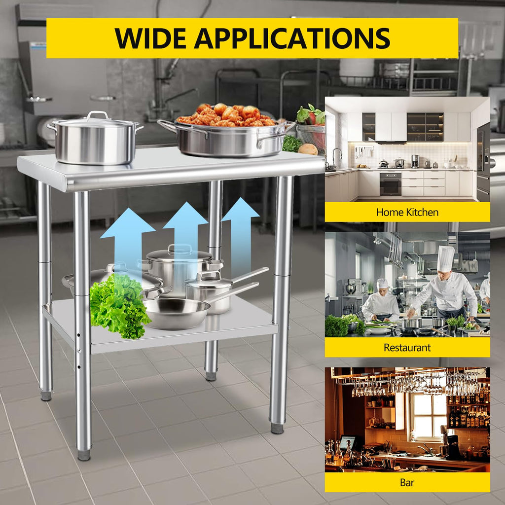 GarveeTech Stainless Steel Food Prep Table, 24 x 30 in NSF Commercial Kitchen Metal Table with Adjustable Lower Shelf and Plastic Feet, Steel Work Prep Table for Restaurant Home Hotel