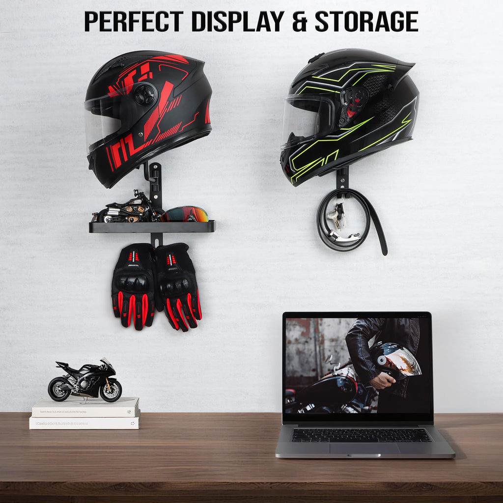 PUERSI Helmet Holder Wall Mount - 2 Pack 180° Rotation Helmet Hanger for Motorcycle Bike Racing Outerwear Sports Gear Display Motorcycle Accessories