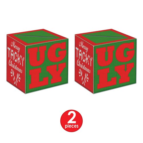 Beistle 2 Pieces Ugly Sweater Ballot Boxes with Ballots, 9" x 9", Red/Green/White