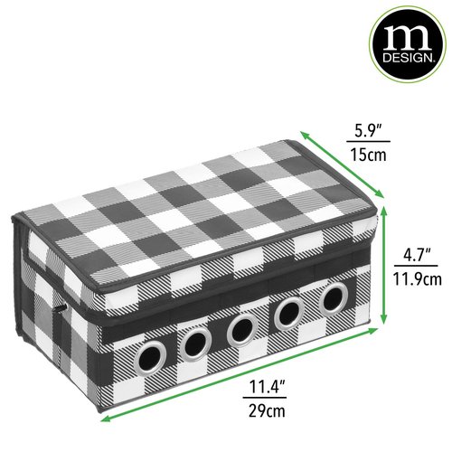 mDesign Gift-Wrapping Ribbon Storage Box w/Handles - Holiday Bow Organizer Container w/Lid & Christmas Ribbon Holder - Gift Storage Tote Bin and Bow Station - 11.4x5.9x4.7 -Buffalo Plaid Black/White