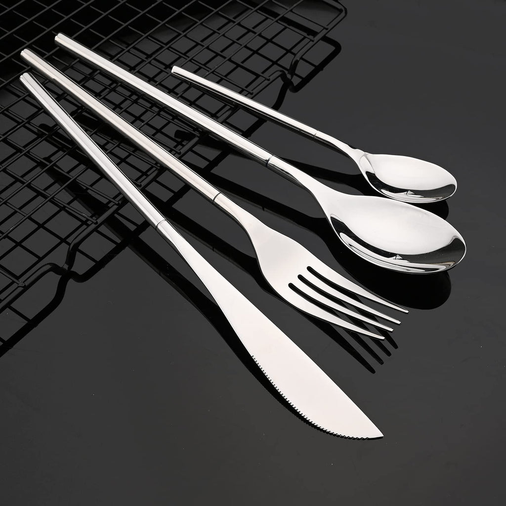 JASHII 304 Flatware Set Silver Silverware Set Mirror Polished 18/8 Stainless Steel Cutlery Set with Round Handle 24 Piece Wedding Housewarming Gift Service for 6