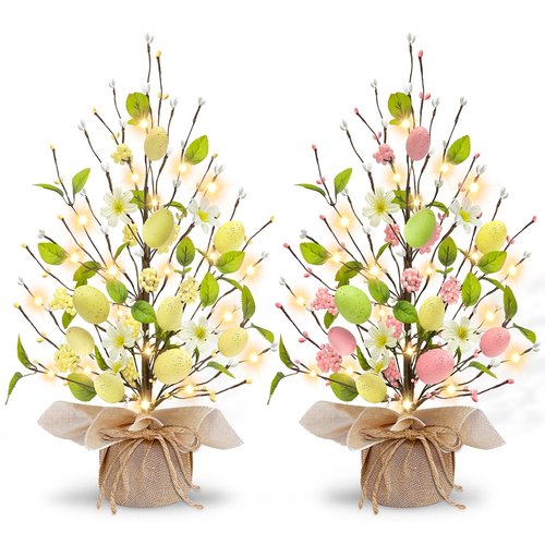 2 Pack & Timer - Lighted Easter Egg Tree Tabletop Easter Decorations 40 LED 18 Colorful Eggs 12 Flowers 20 Berries 112 Floral Berries Battery Operated Artificial Tree Decor Home Indoor Spring