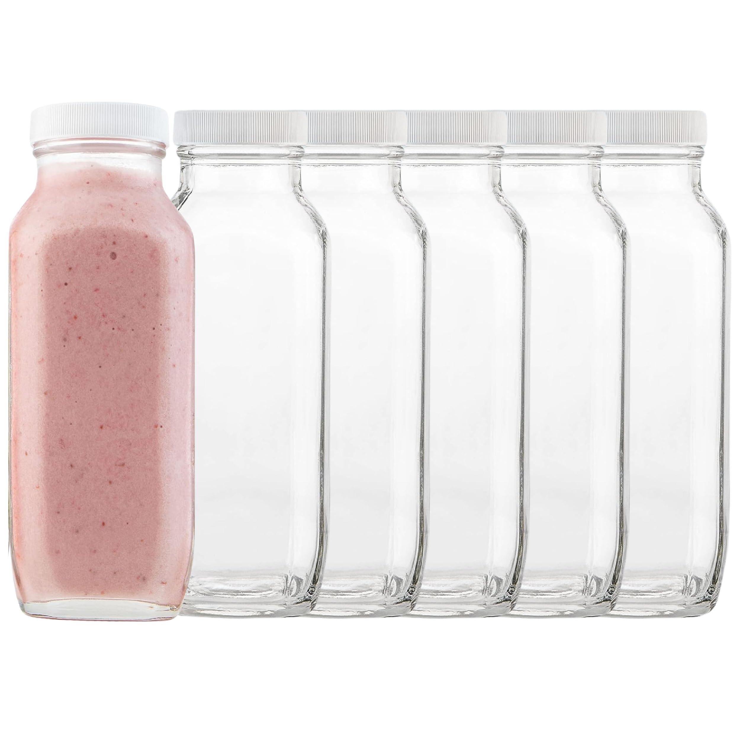 kitchentoolz 16oz Square Glass Milk Bottles with Lids – Reusable Glass Bottles for Milk, Creamer, Juice, Smoothies, Kefir & Yogurt – Airtight Vintage Drinking Jars for Lunch Box & Fridge – 6 Pack