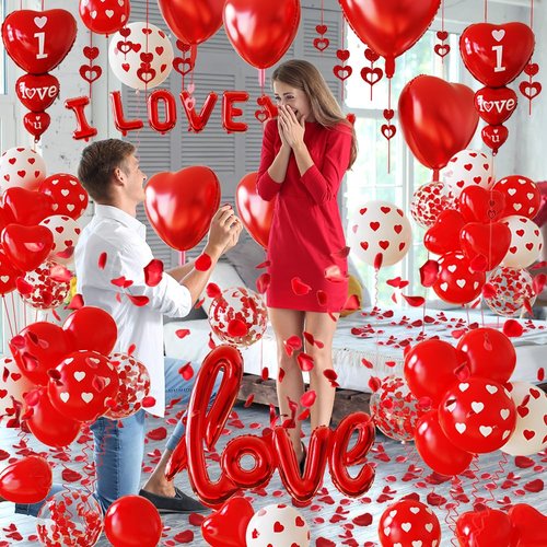 1126PCS Red Valentines Day Decorations Set, Red Heart Balloons and Love Foil Balloon,I LOVE YOU Banner,1000 Fake Rose Petals,Heart Balloon Hanging Pendant for Wedding Decor Anniversary Decorations