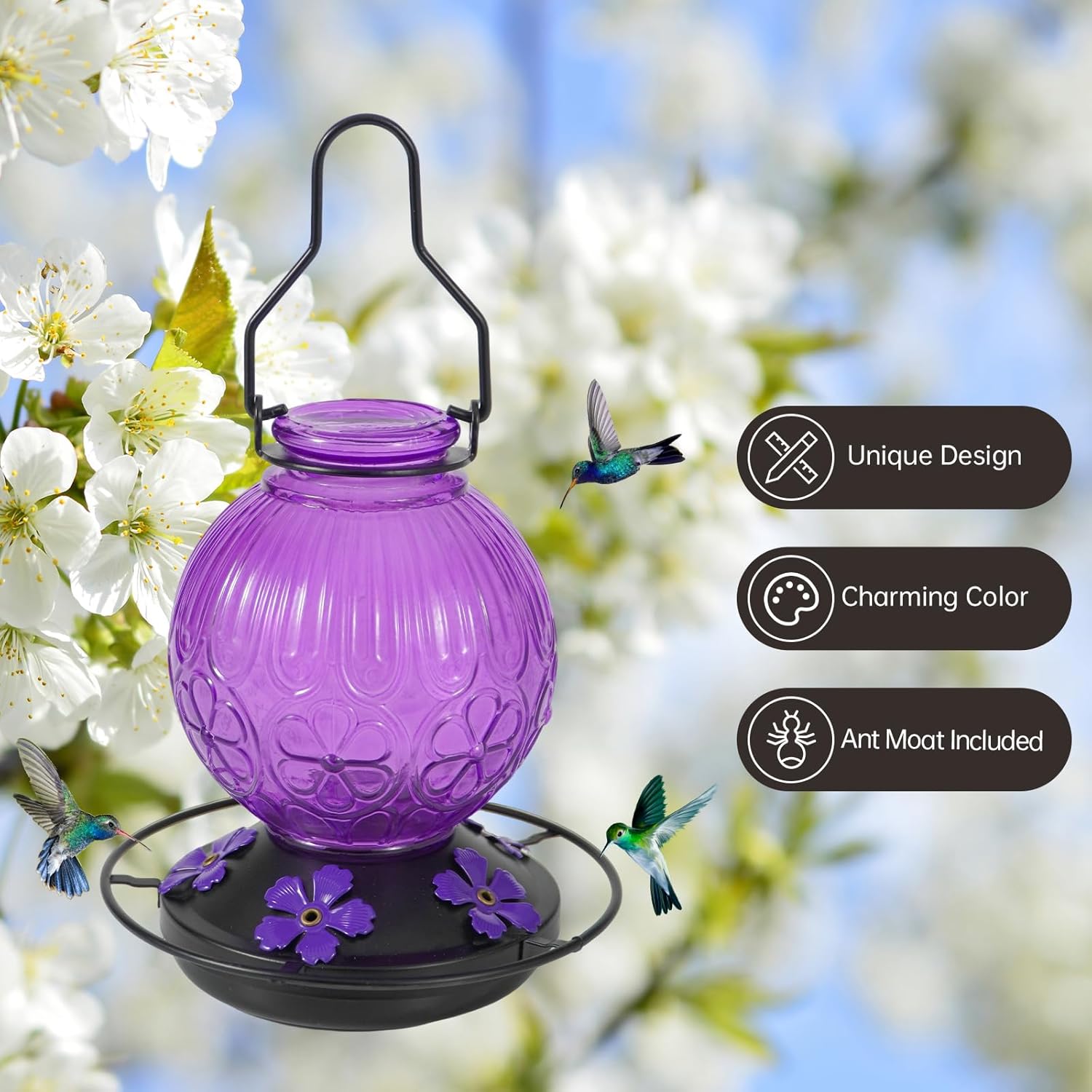 Skiennix Glass Hummingbird Feeder - 23Oz Leak-Proof Nectar Feeder with 5 Flower Ports | Purple Garden Decor Gift