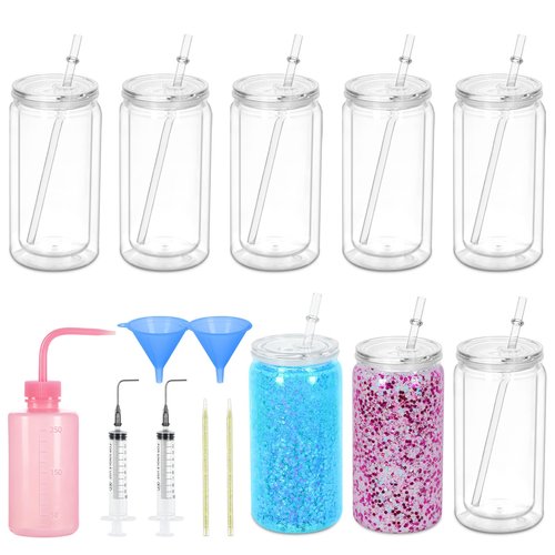 Maucircol 16 Oz Acrylic Snowglobe Tumbler Cup Supplies, 8 Pack Pre-Drilled Double Wall Plastic Snowglobe Tumbler Starter Kit Including Funnel Squeeze Bottle Funnel