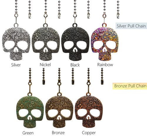Hyamass 12 Inch Ceiling Fan Pull Chain with Vintage Skull Charm - Fan Pull Chain Extension, Pull Chains for Ceiling Fans and Lights with Connector(Silver)