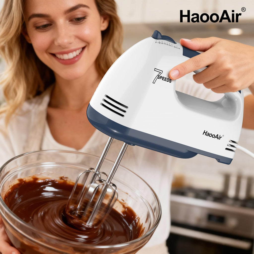 HaooAir Electric Handheld Mixer, 7-Speed Adjustable Kitchen Mixer, 5 Stainless Steel Accessories (2 * Dough Hooks, 2 * Beaters, 1 * Whisk), Perfect for Kitchen and Baking Food Mixers, White