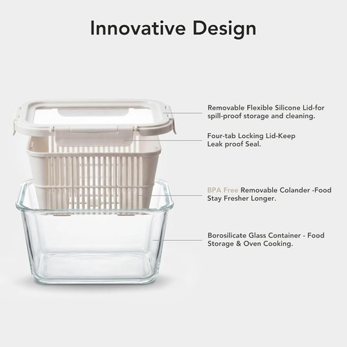GENICOOK Glass Produce Storage Containers - Airtight 2-Pack with Removable Colanders & Flexible Silicone Lids, BPA-Free
