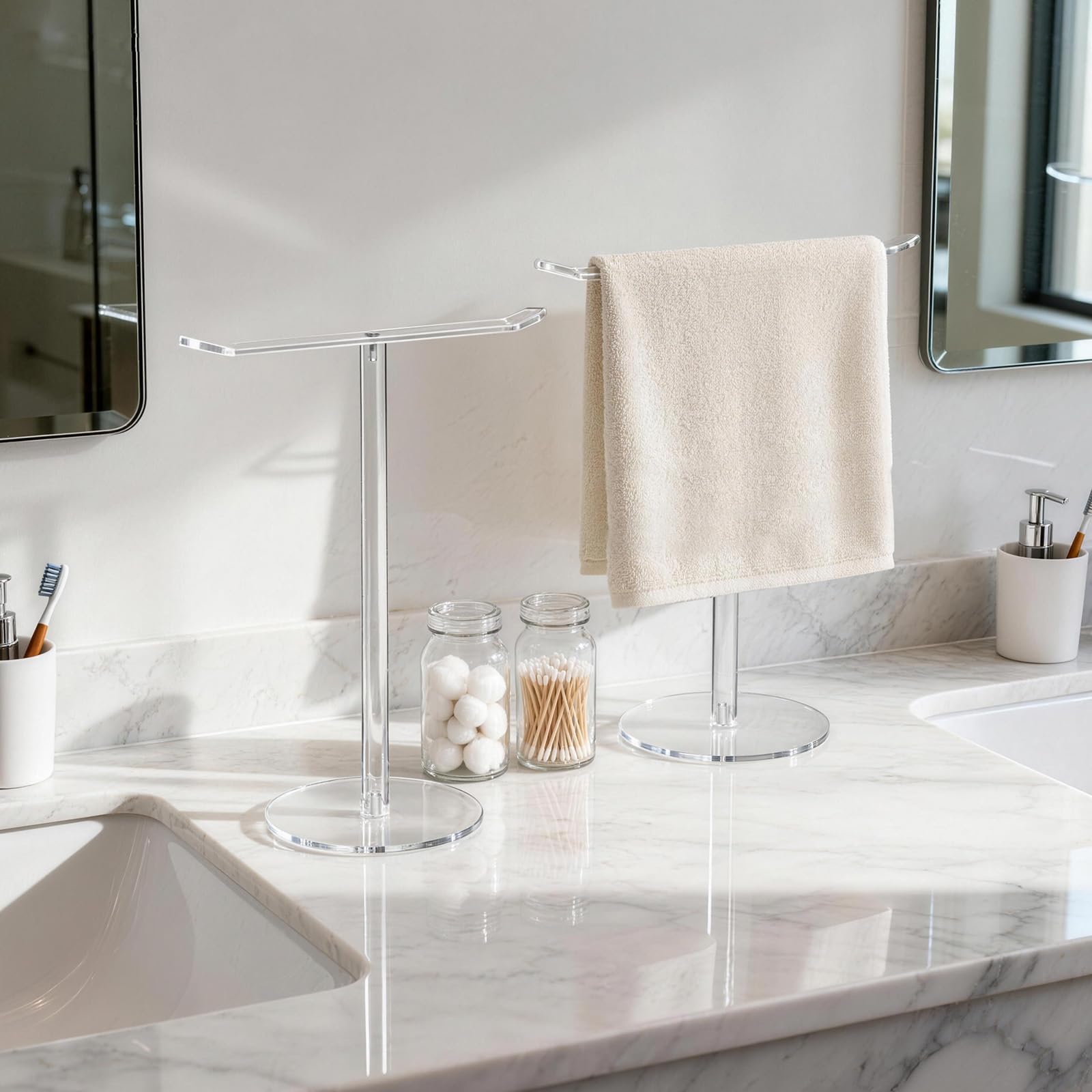 NutroLab Clear Acrylic Hand Towel Holder Stand, T-Shape Free-Standing Towel Rack for Bathroom & Kitchen, Modern Minimalist Design, Simple Assembly, Countertop Organizer
