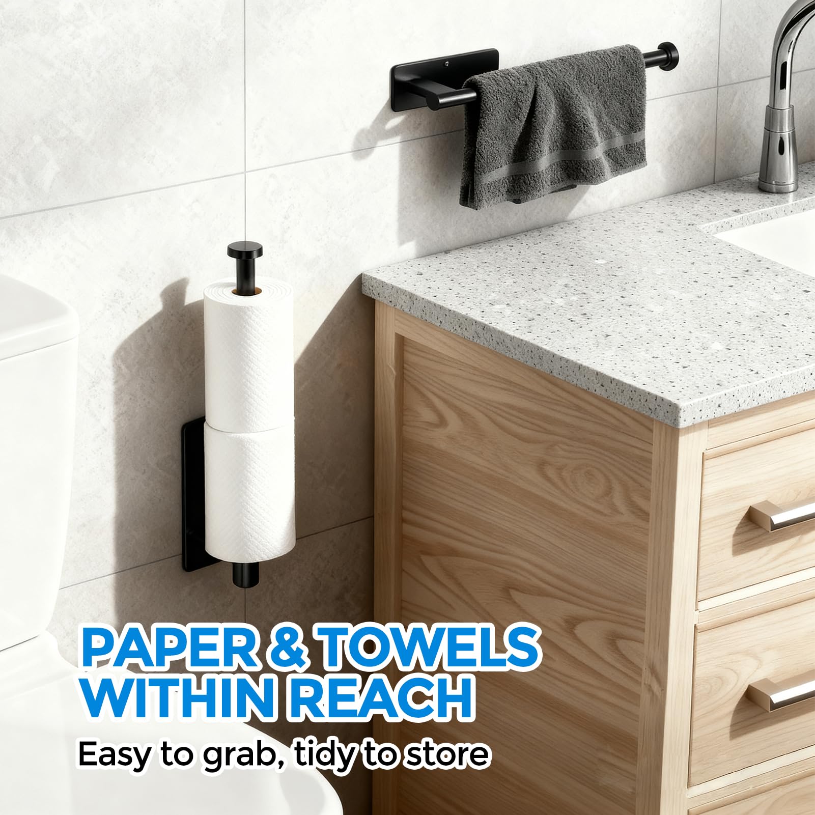 zaa Paper Towel Holder - 2 Pack Under Cabinet Paper Towel Holder, Fits Mega Paper Towel Rolls, Wall Mount Rack for Kitchen, Bathroom, RV, Adhesive or Screw Installation, Black