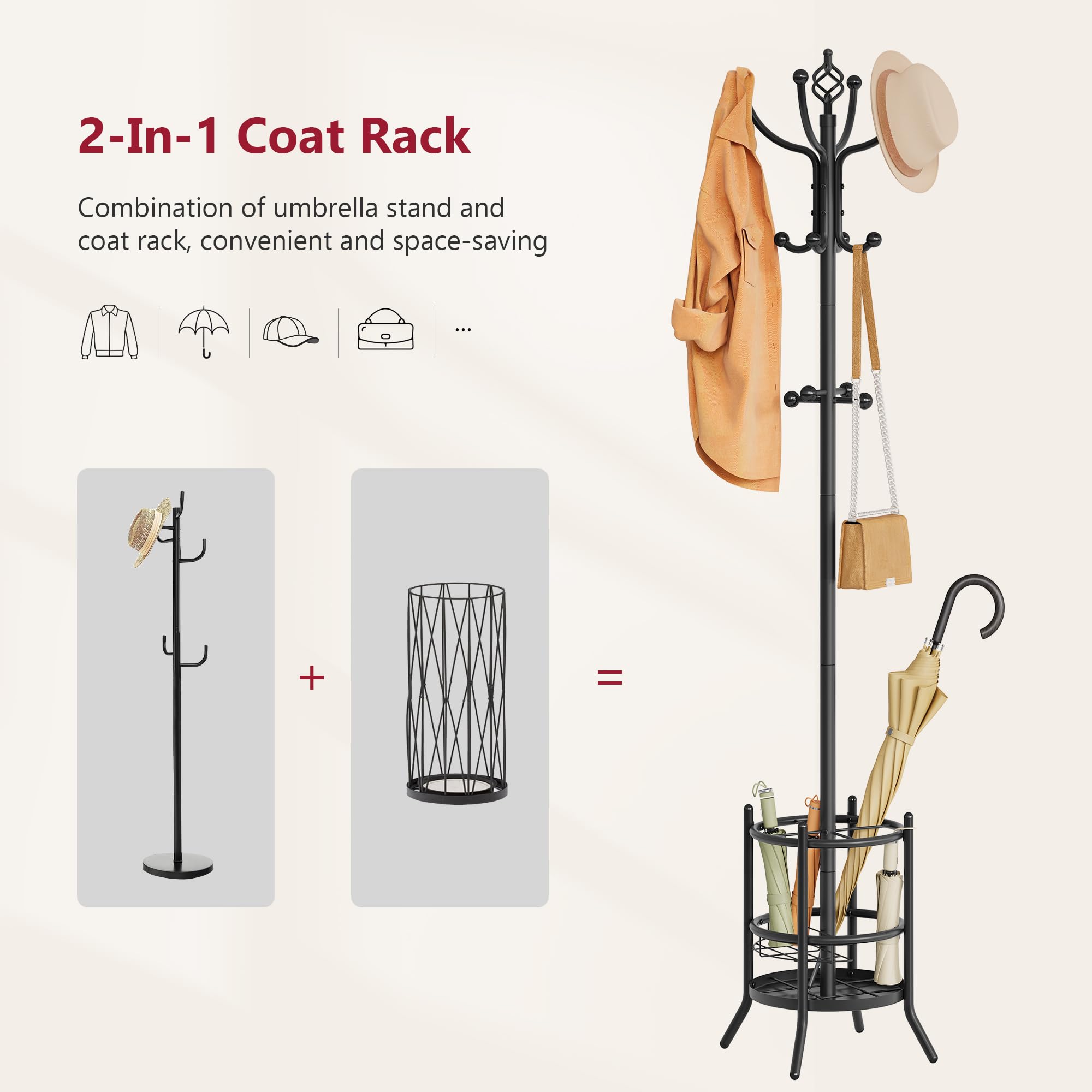 Tajsoon Coat Rack Stand with Umbrella Holder, Coat Tree Freestanding with 16 Hooks, Coat Hangers Stand for Living Room, Bedroom, Office, Black