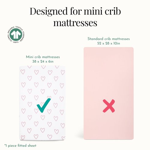 Evolur Baby Pink and Heart Print 3 Piece Mini Crib Bedding Set, Machine Washable, Soft and Breathable Toddler Bedding Set, Includes Fitted Sheet, Comfortor and Crib Skirt