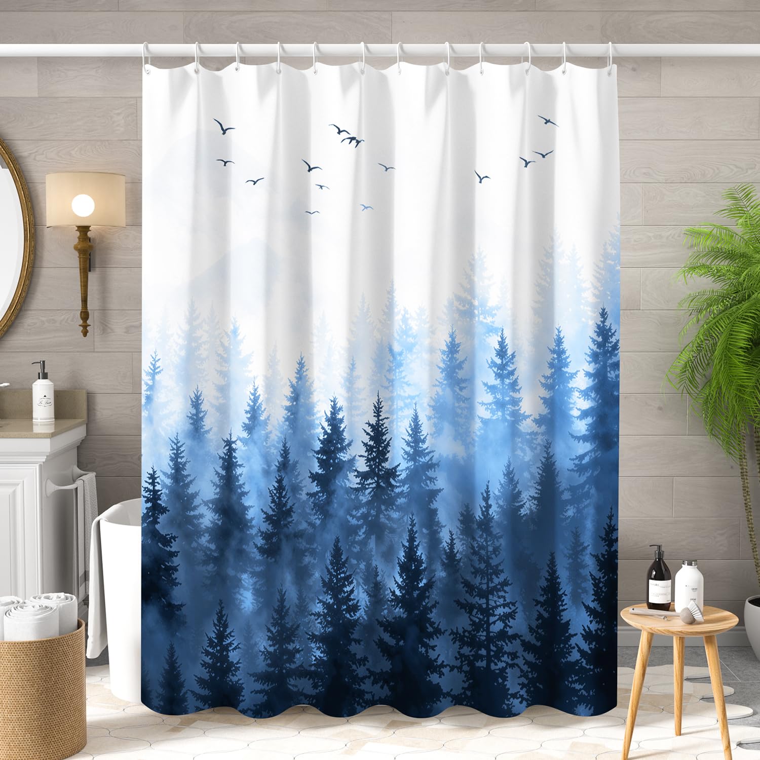 ChloropLastid Mountain Forest Shower Curtain Nature Blue Woodland Foggy Tree Mountain Waterproof Fabric Bath Curtain Decorative Pine Tree Fog Magic Bath Curtains for Home 72x72 inch
