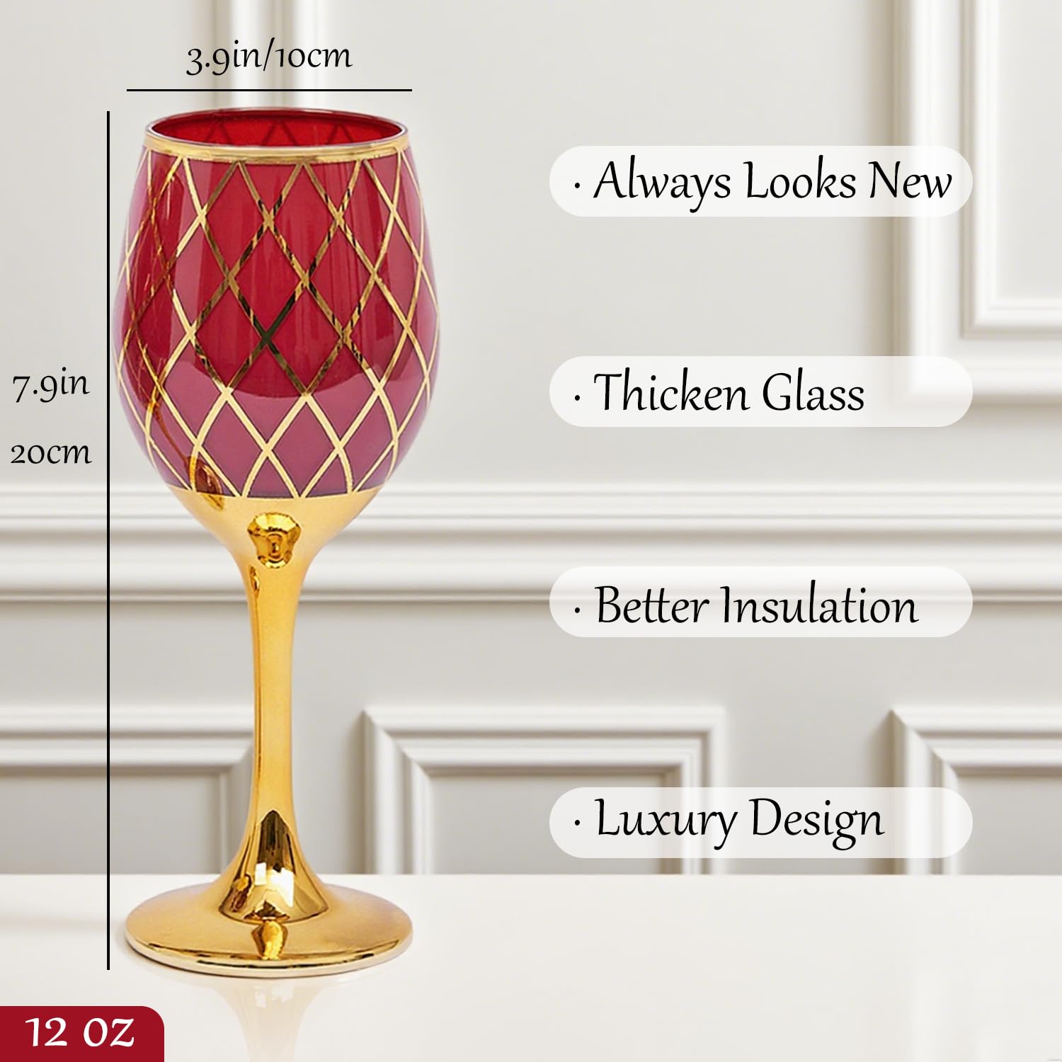 CretFine Red and Gold Wine Glasses Set of 6, Colored Stemmed and Rimmed Decorative Fancy Drinking Glass, for Gifts, Wedding, Thanksgiving, Birthday, Christmas Goblets Glassware Drinkware, 12oz